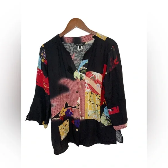 Citron 100% Silk Blouse Top Women’s Size Large Patchwork Asian Floral Arsty - Picture 1 of 8